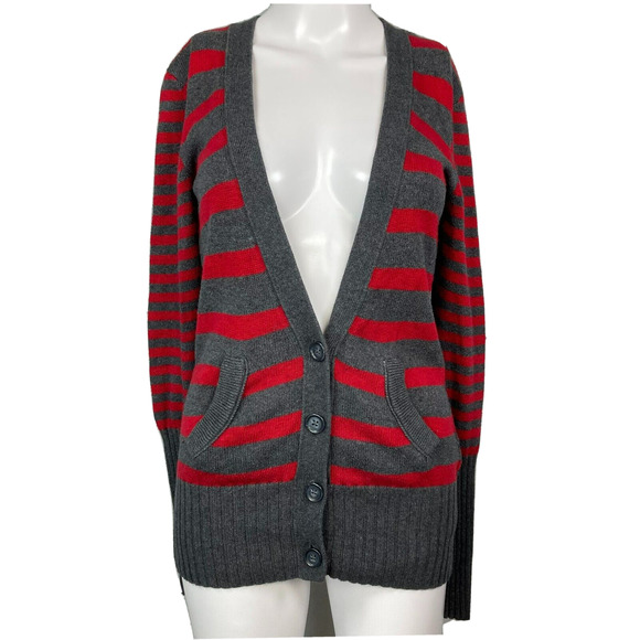 American‎ Eagle AEO Cardigan Womens Sz XS Red Gray Striped Varsity Wool Sweater - Picture 1 of 9